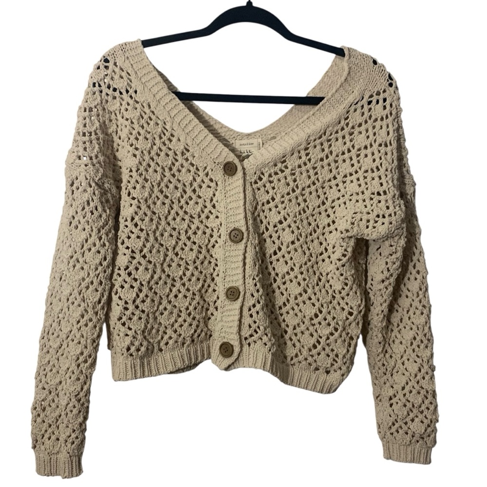 Nicole Miller Artelier Crochet Cardigan Boho Open Knit Beach Sweater Sz Medium
